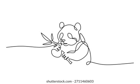 Panda, der Bambus isst, einzeilige Zeichnung. Ein Konzept der asiatischen Tierwelt und Natur. Vektorgrafik einfach.