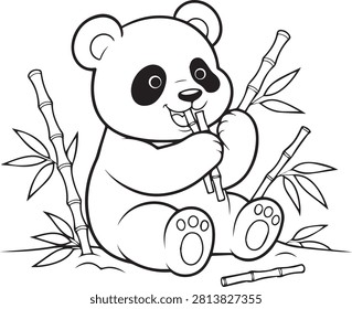 Panda eating bamboo vector illustration featuring a cute bear character for children coloring book pages and fun educational design projects