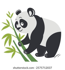 a panda eating grass .Art and Illustrator .panda is smiling .green leaves .vector design .panda bear 