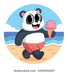 Panda Eating Ice Cream Cone on the Beach