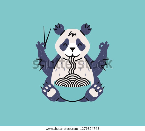パンダは箸で麺を食べている 中国や日本のカフェやポスター用の単純な動物のロゴ 漫画のスタイル のベクター画像素材 ロイヤリティフリー