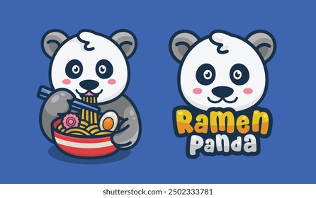 Panda eating ramen noodles logo mascot illustration