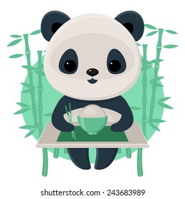 Panda eating rice using chopsticks