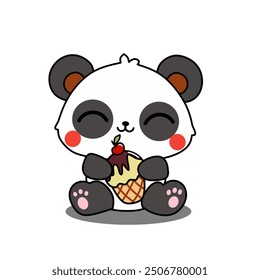 Panda eating waffle cone ice cream cartoon vector illustration isolated white