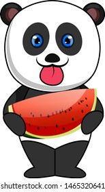 Panda eating watermellon, illustration, vector on white background.
