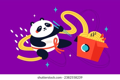 Panda eating wok - modern colored vector illustration