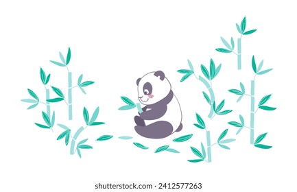 Panda eats bamboo. cute sitting panda bear. from a collection of vector illustrations with a panda. Elements for children's design. Panda and bamboo. Symbols of China.