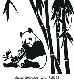 Panda isst Bambus, Silhouette, Vektorgrafik Schablone.