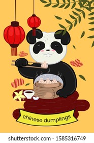 Panda eats Chinese dumplings. Banner for the restaurant. Vector graphics.