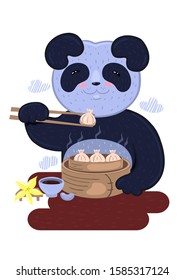Panda eats Chinese dumplings. Logo for the restaurant. Vector graphics.