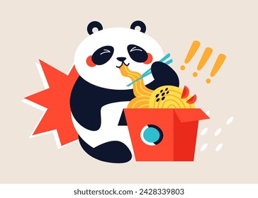 Panda come wok - ilustración vectorial de colores modernos con oso blanco y negro asiático disfrutando de fideos instantáneos. Delicioso, estereotipos chinos, lindo animal, sabrosa comida rápida, idea de cocina nacional