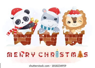 Panda, Elephant and Lion together on the chimney wishing you a merry christmas.