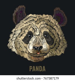 Panda embroidery. Fashion template for clothes, textiles, t-shirt design. Classical embroidery portrait of funny panda bear