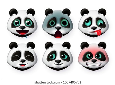 Panda emoticon or bear heads vector set. Pandas big bear face emojis in  hungry and angry expression for sign and symbols isolated in white background. Vector illustration 3d realistic.