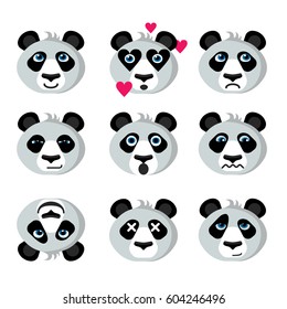 Panda emotional, funny emoticons icons; Happy panda, in love, sad, worried; Panda flirts, shocked and killed; Prankster, surprised