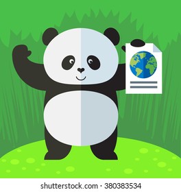 Panda engaged in a global search. Flat style vector illustration on Green background. National emblem of China