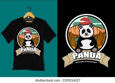 Panda Explore in Mountain Retro Vintage T Shirt Design