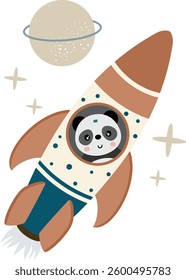 Panda explorer in a rocket sailing through space
