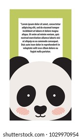 Panda with eyes and glowing cheek white and black fur, animal cover, poster with text sample in frame vector illustration isolated on white background