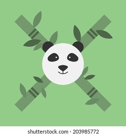 Panda face, with bamboo X symbol. Panda head icon. Evergreen bamboo, with leaves. Happy panda symbol. Easy to edit. Vector illustration - EPS10.