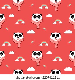 Panda face cartoon so cute smile in the sky.on cloud rainbow star red background.seamless pattern vector illustration.
