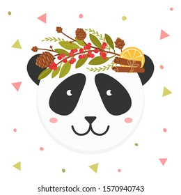 Panda face with Christmas wreaths on the head. Cute Christmas animal for greeting cards, posters, invitations