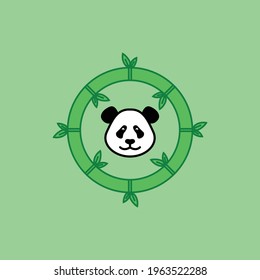 panda face in the circle green bamboo logo design vector