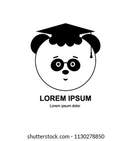 Panda face isolated on white background. Icon, logo design. 
Wise panda cub in magister degree hat.
Cute and funny animal character. Cartoon flat vector illustration. Concept of education
