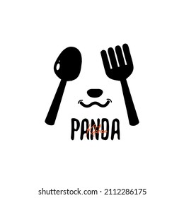 logotipo de cocina de cara panda con tenedor y cuchara