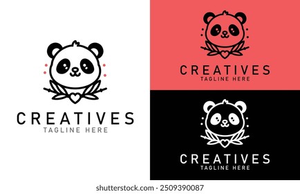 Panda Face Logo design with heart shape, Panda Logo design template