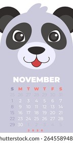Panda face on a calendar for November. The calendar is for the year 2026. Vector illustration in a flat style