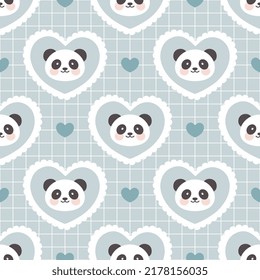 Panda face on a pastel blue grey grid with hearts. Cute kawaii woodland animals seamless pattern background for wrapping paper, fabric and textile print