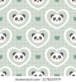 Panda frente a una cuadrícula verde pastel con corazones. Cute kawaii woodland animales fondo de patrón sin fisuras para papel de embalaje, tela e impresión textil