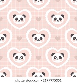 Panda face on a pastel pink grid with hearts. Cute kawaii woodland animals seamless pattern background for wrapping paper, fabric and textile print