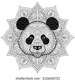 Panda-Gesichtsmuster auf Zierhintergrund. Portrait von Riesenpanda einzeln auf weißem Hintergrund. Malte ethnische Ornamente. chinesischer Stil. Tribal-Ornament von Hand gemalt. Reihe ethnischer Tiere. Vektorgrafik