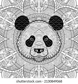 Panda-Gesichtsmuster auf Zierhintergrund. Portrait von Riesenpanda einzeln auf weißem Hintergrund. Malte ethnische Ornamente. chinesischer Stil. Tribal-Ornament von Hand gemalt. Reihe ethnischer Tiere. Vektorgrafik