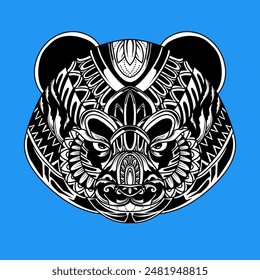 Panda Gesichtsmuster auf Ornament Hintergrund. Porträt des riesigen Panda isoliert auf weißem Hintergrund. Gemalte ethnische Verzierung. Chinesischer Stil. Tribal Ornament von Hand bemalt. In: Series Ethnic Animals. Vektorgrafik