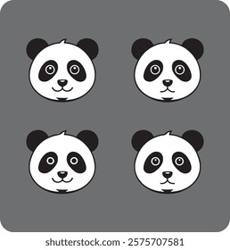 Panda Face Vector Illustration Set - Cute Black and White Designs with Adorable Expressions