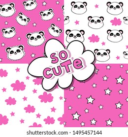 Panda faces, cloud and stars on raspberry background seamless pattern collection