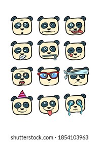 Panda faces with different emotions collection set character, cute animal, comics illustration drawing