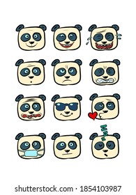 Panda faces with different emotions collection set character, cute animal. comics illustration drawing