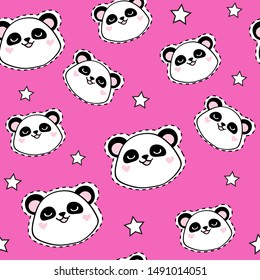 Panda faces on raspberry background seamless pattern