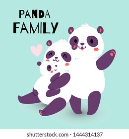 Panda family with adult mother and father with child bear banner vector illustration. Cute mom holding little kid and dad waving with hand. Jungle, forest wildlife, zoo characters.