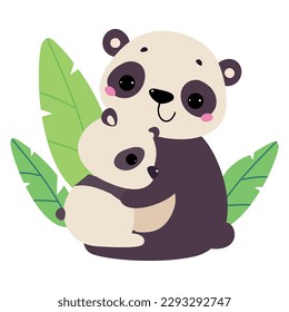 Panda family. Cute mom panda bear hugging her baby cartoon vector illustration