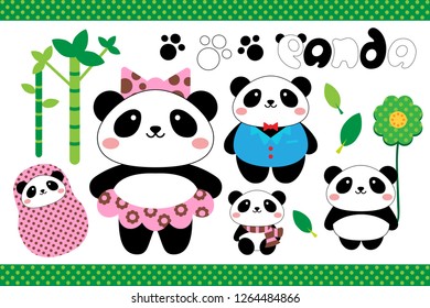 Panda Family on bamboo forest set