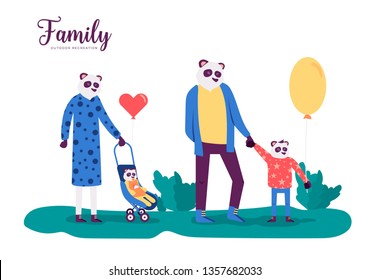 Panda family outdoor activities vector web banner concept. Parents with children walking in park. Mother and father with kids spending time together. Animal metaphors for human characters