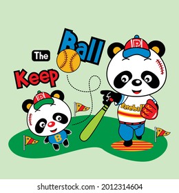 Panda And Family Playing Softball Together,cartoon Vector Illustration