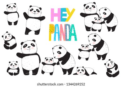 Panda Family set. Pandas black and white parents and kids collection.