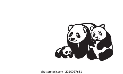 Panda family vector illustration on white background.