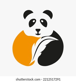 Plantilla de vectores de concepto de espacio negativo con el logotipo de pluma de Panda. Símbolo de plumas de soporte de panda